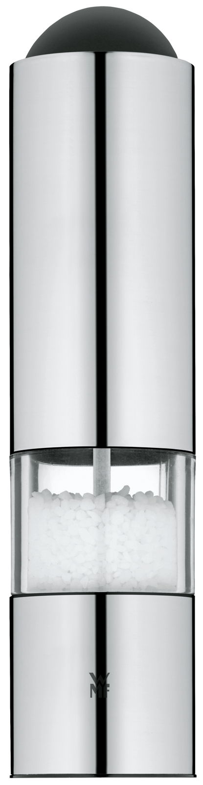 Elektrische Mühle aus Edelstahl mit transparentem Mittelteil, gefüllt mit Salz, in Frontalansicht.