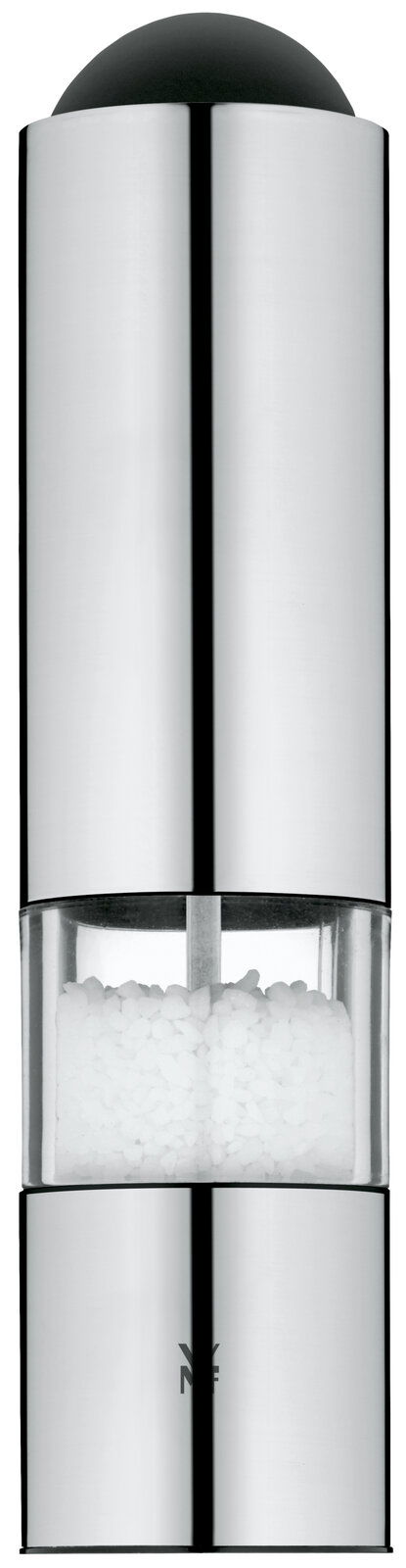 Elektrische Mühle aus Edelstahl mit transparentem Mittelteil, gefüllt mit Salz, in Frontalansicht.