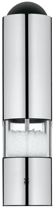 Elektrische Mühle aus Edelstahl mit transparentem Mittelteil, gefüllt mit Salz, in Frontalansicht.