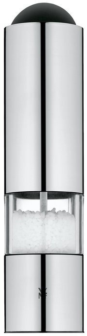 Elektrische Mühle aus Edelstahl mit transparentem Mittelteil, gefüllt mit Salz, in Frontalansicht.