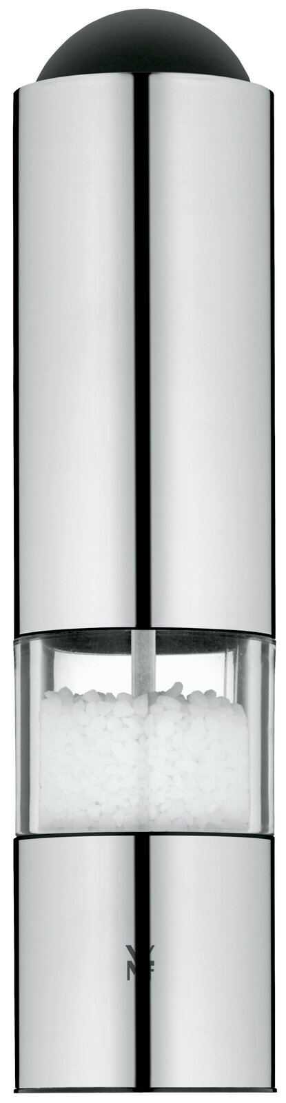 Elektrische Mühle aus Edelstahl mit transparentem Mittelteil, gefüllt mit Salz, in Frontalansicht.