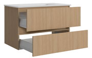 Waschtisch-Set mit zwei offenen Schubladen in Holzoptik, seitliche Perspektive