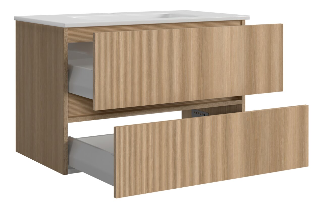 Wastafelset met twee open lades in houtlook, zijaanzicht