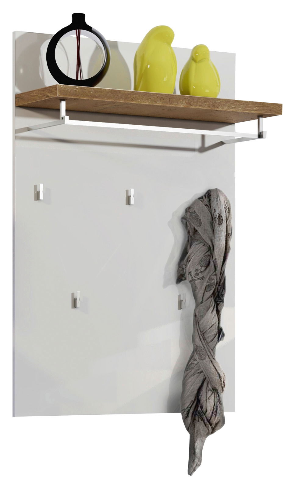 Garderobenpaneel mit Holzablage, Kleiderstange und Haken, dekoriert mit grünen Figuren und einem Schal, seitliche Perspektive