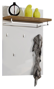 Garderobenpaneel mit Holzablage, Kleiderstange und Haken, dekoriert mit grünen Figuren und einem Schal, seitliche Perspektive