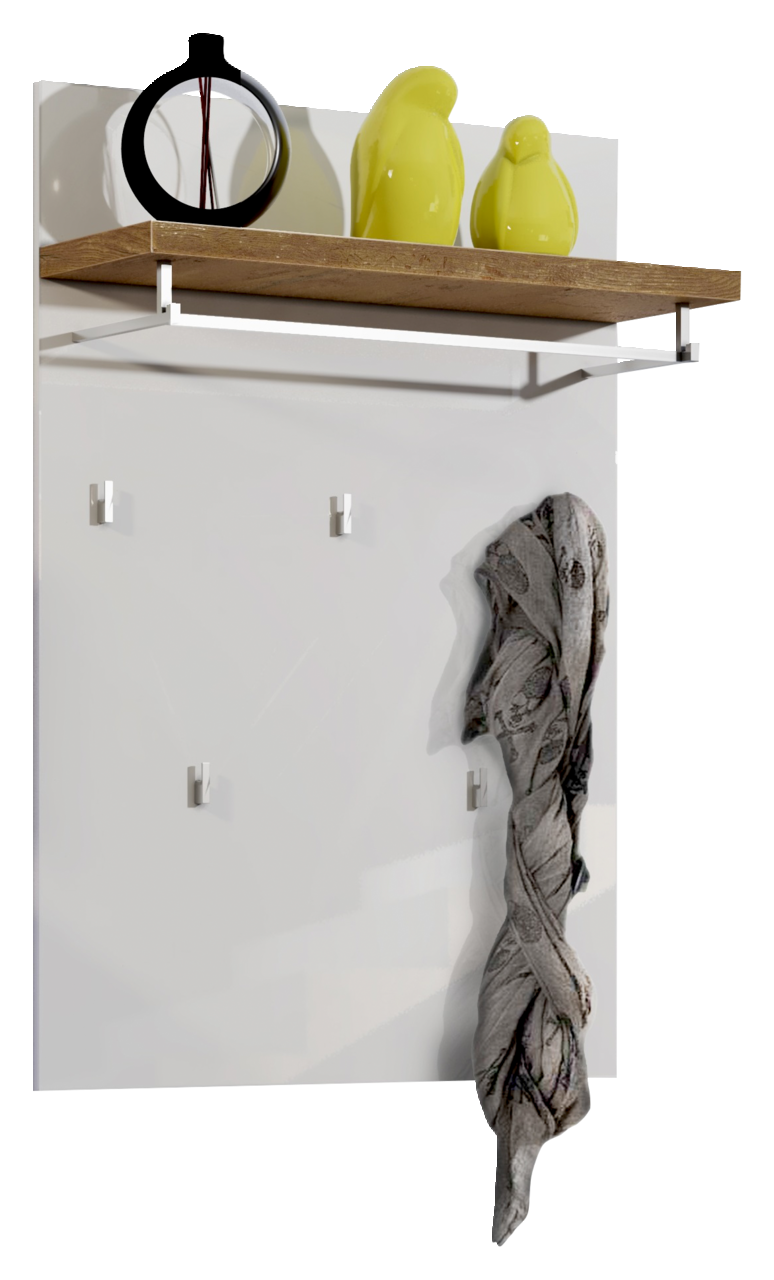 XORA Garderobenpaneel IDEA Garderobenpaneel mit Holzablage, Kleiderstange und Haken, dekoriert mit grünen Figuren und einem Schal, seitliche Perspektive