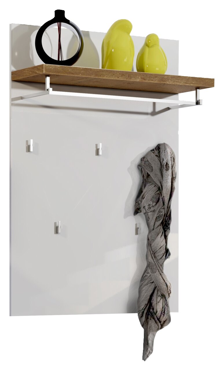 XORA Garderobenpaneel IDEA Garderobenpaneel mit Holzablage, Kleiderstange und Haken, dekoriert mit grünen Figuren und einem Schal, seitliche Perspektive