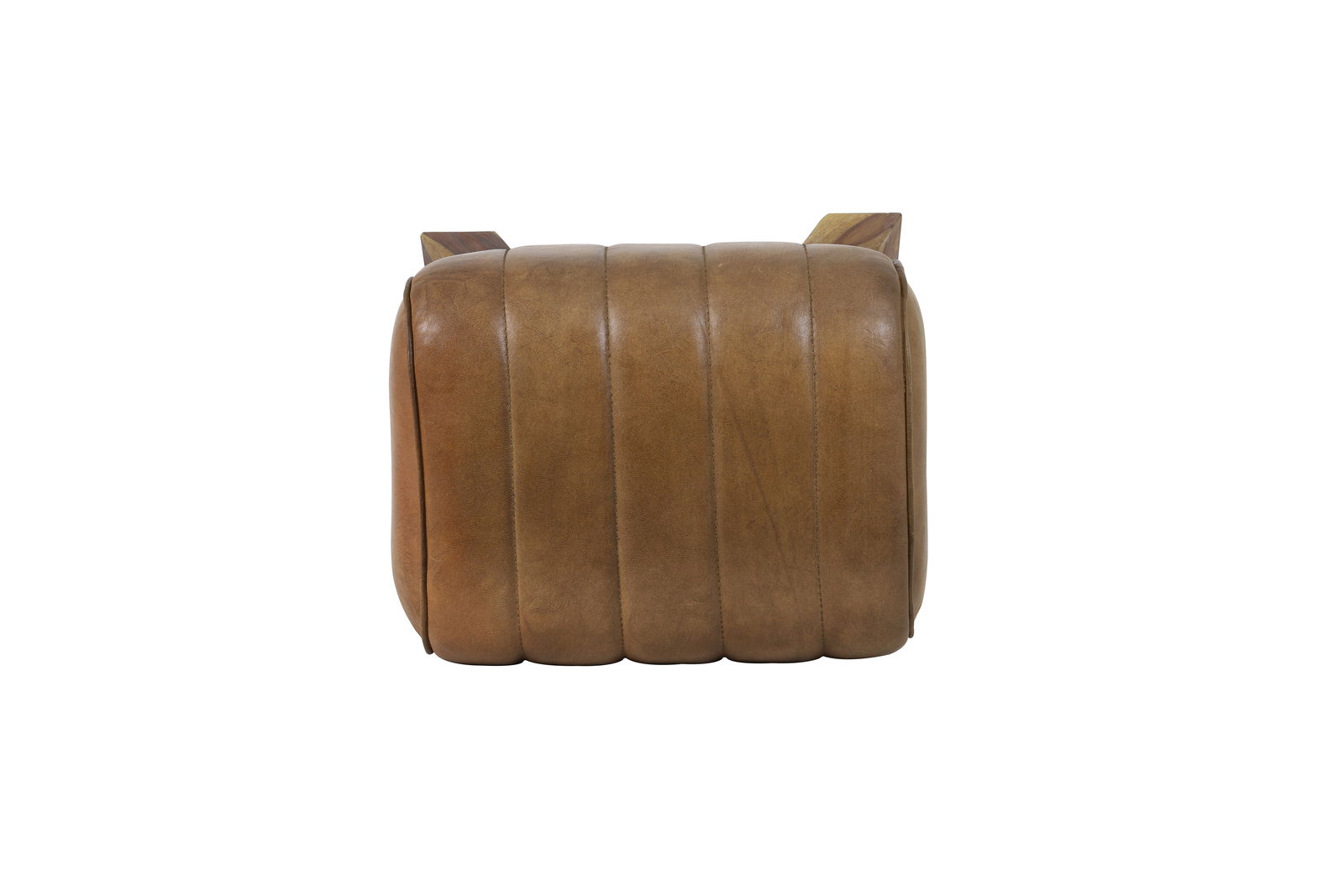 Hocker aus braunem Leder, seitliche Perspektive