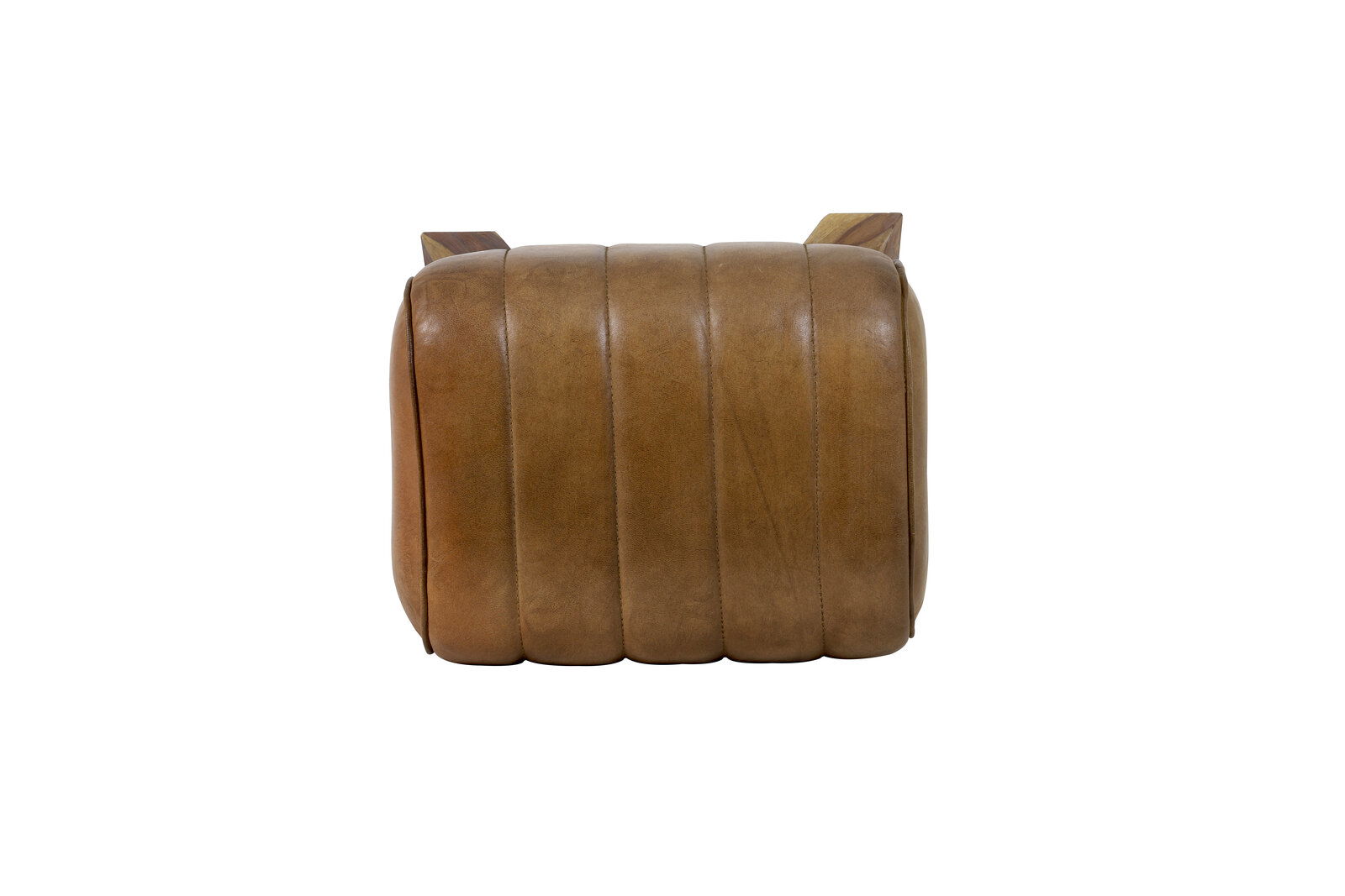 Hocker aus braunem Leder, seitliche Perspektive