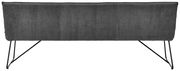 Rückansicht einer modernen Sitzbank mit grauem Stoffbezug und schwarzen Metallbeinen.