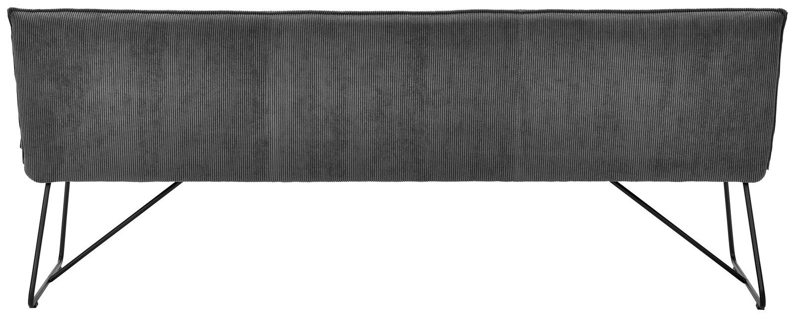 Rückansicht einer modernen Sitzbank mit grauem Stoffbezug und schwarzen Metallbeinen.