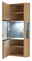 Eckvitrine aus Holz mit Glastüren, geöffnet, mit Innenbeleuchtung und mehreren Regalböden, Perspektive von vorne.