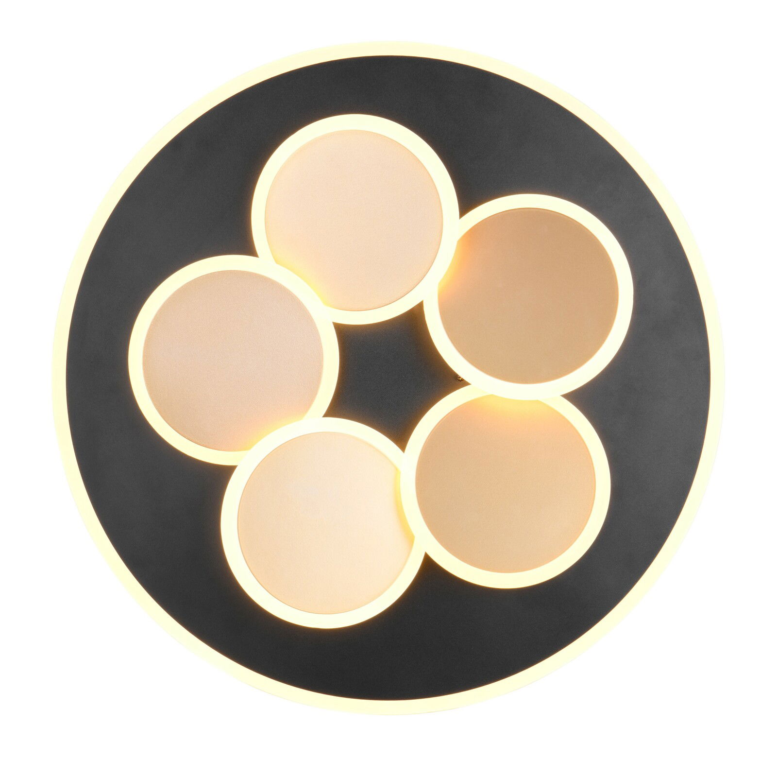 Deckenleuchte Mandala aus der Vogelperspektive mit fünf leuchtenden Kreisen auf schwarzem Hintergrund.