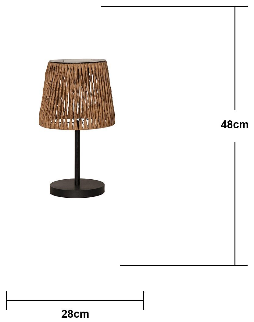 Moderne Tischlampe mit geflochtenem braunem Schirm und schwarzem Metallfuß, Vorderansicht; Höhe ca. 48 cm, Breite ca. 28 cm.