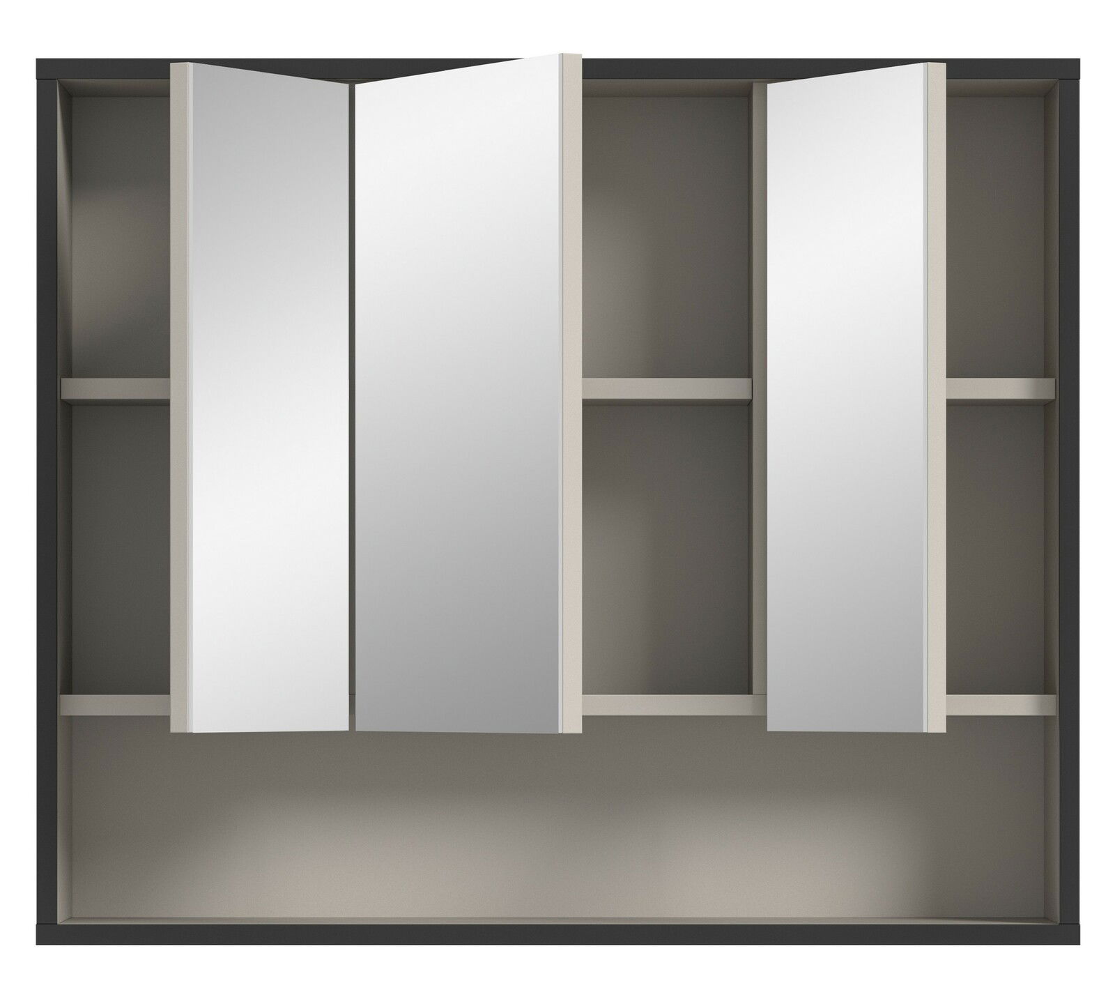 Spiegelschrank mit drei Türen, frontal betrachtet, mit offenen Fächern im Inneren.