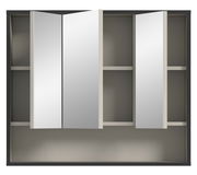 Spiegelschrank mit drei Türen, frontal betrachtet, mit offenen Fächern im Inneren.