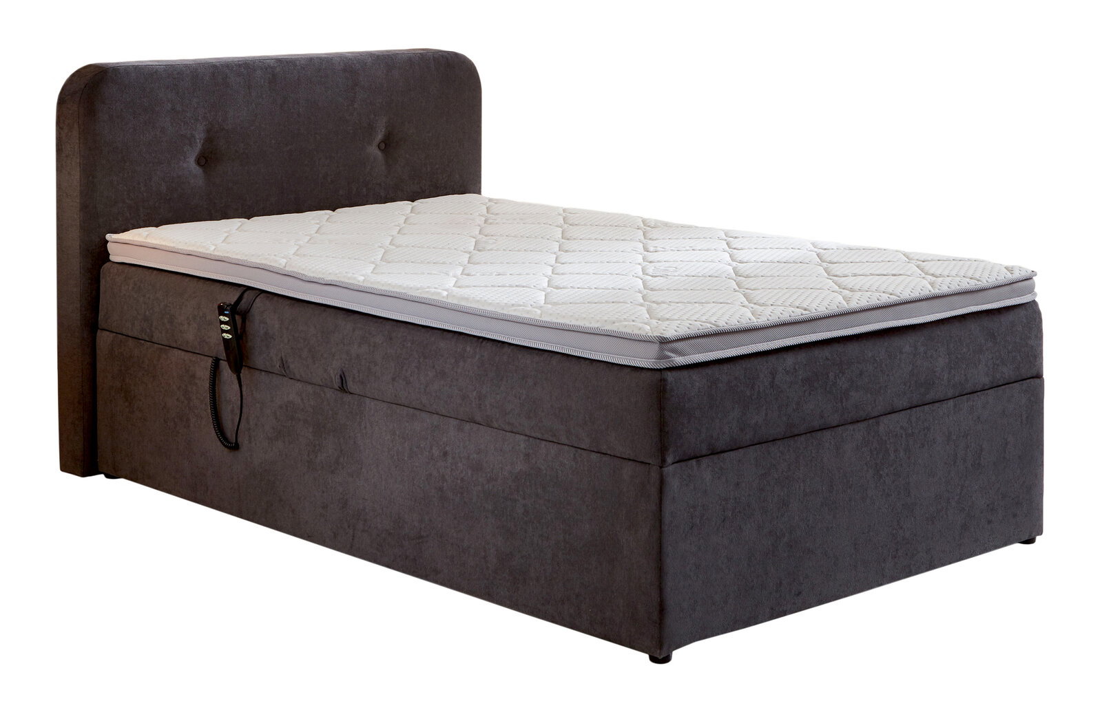 Boxbett mit Motor in seitlicher Perspektive, dunkelgrau mit weißer Matratze und Kopfteil.