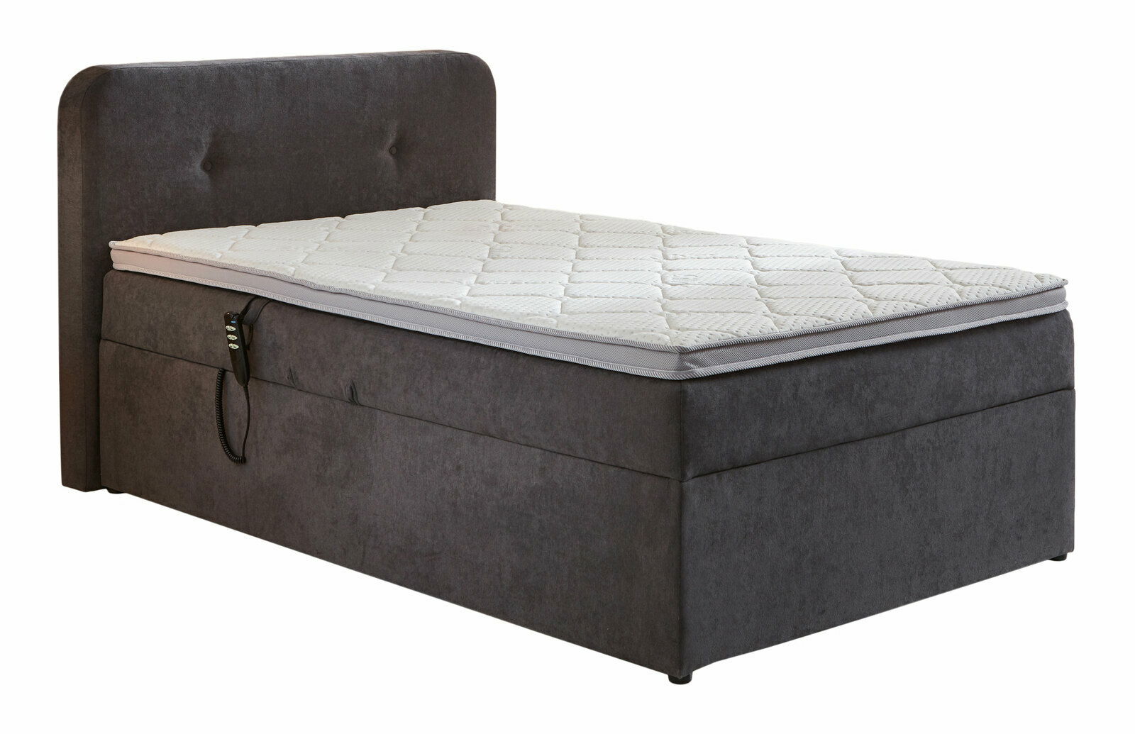 Boxbett mit Motor in seitlicher Perspektive, dunkelgrau mit weißer Matratze und Kopfteil.