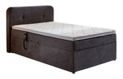 Boxbed met motor, gezien vanaf de zijkant, donkergrijs met een wit matras en hoofdeinde.