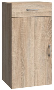 Holzfarbene Kommode mit einer Schublade und einer Tür, Frontansicht