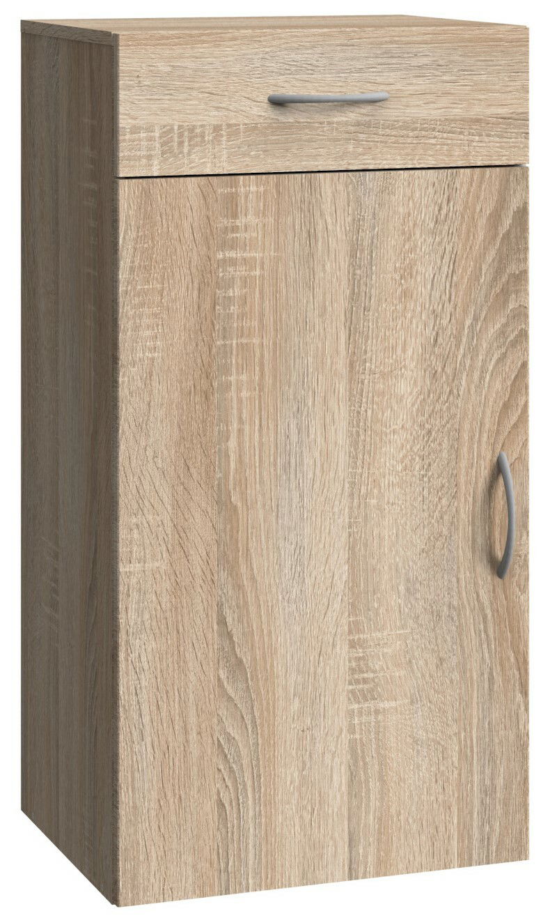 Holzfarbene Kommode mit einer Schublade und einer Tür, Frontansicht