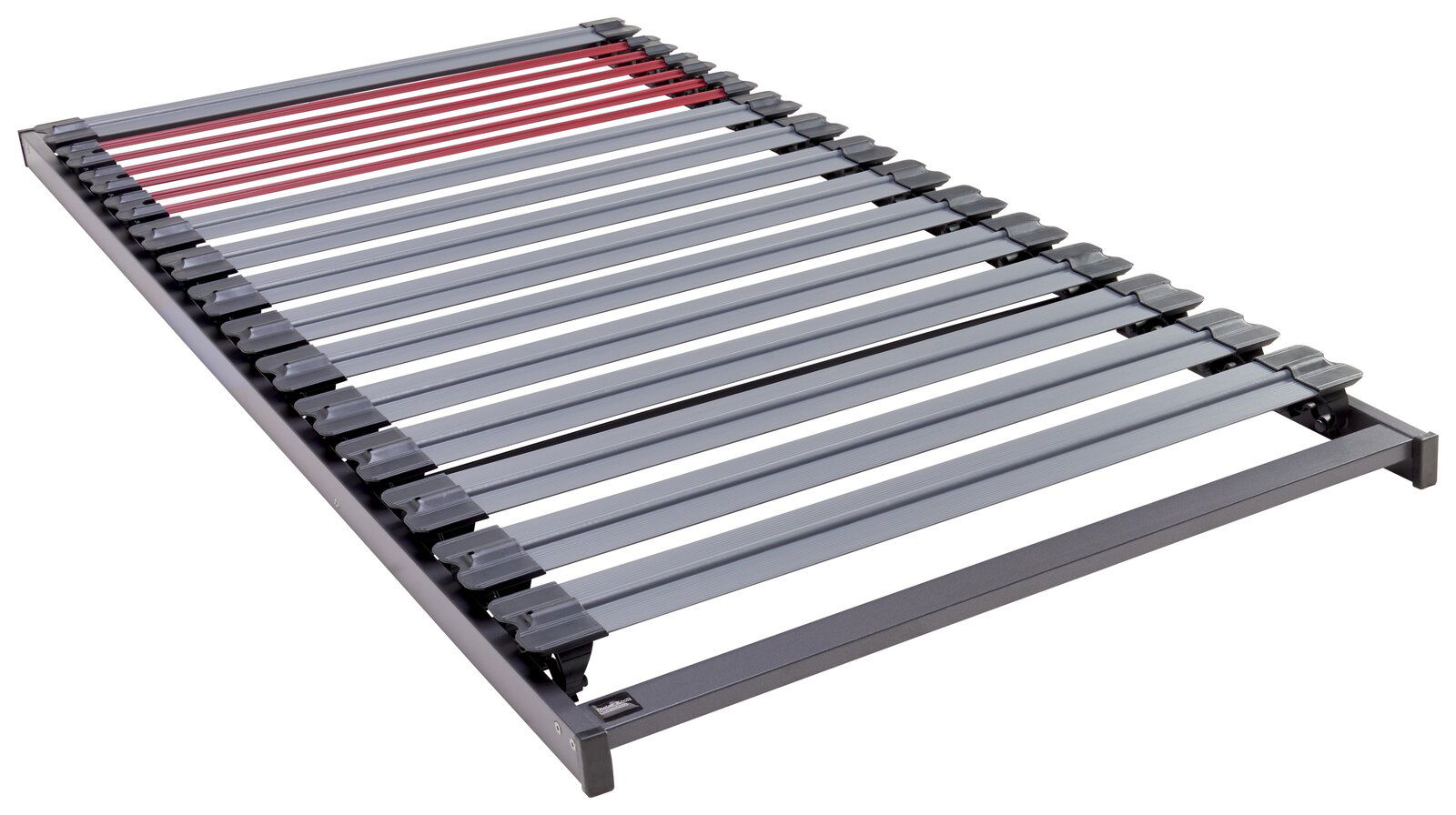 Dieter Knoll Fiberglasrahmen CARELLA Fiberglasrahmen 90 x 200 cm aus der Perspektive von schräg oben, mit grauen und roten Latten.