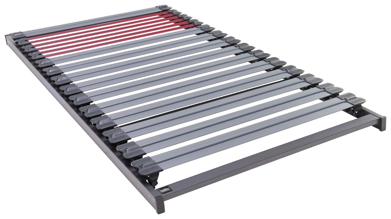 Dieter Knoll Fiberglasrahmen CARELLA Fiberglasrahmen 90 x 200 cm aus der Perspektive von schräg oben, mit grauen und roten Latten.