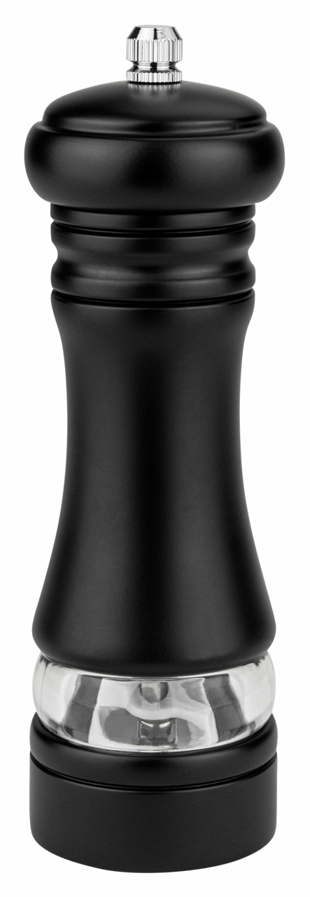 Schwarze Pfeffer-Salzmühle, 17 cm hoch, aus seitlicher Perspektive fotografiert.