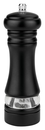 Schwarze Pfeffer-Salzmühle, 17 cm hoch, aus seitlicher Perspektive fotografiert.