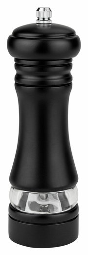 Schwarze Pfeffer-Salzmühle, 17 cm hoch, aus seitlicher Perspektive fotografiert.