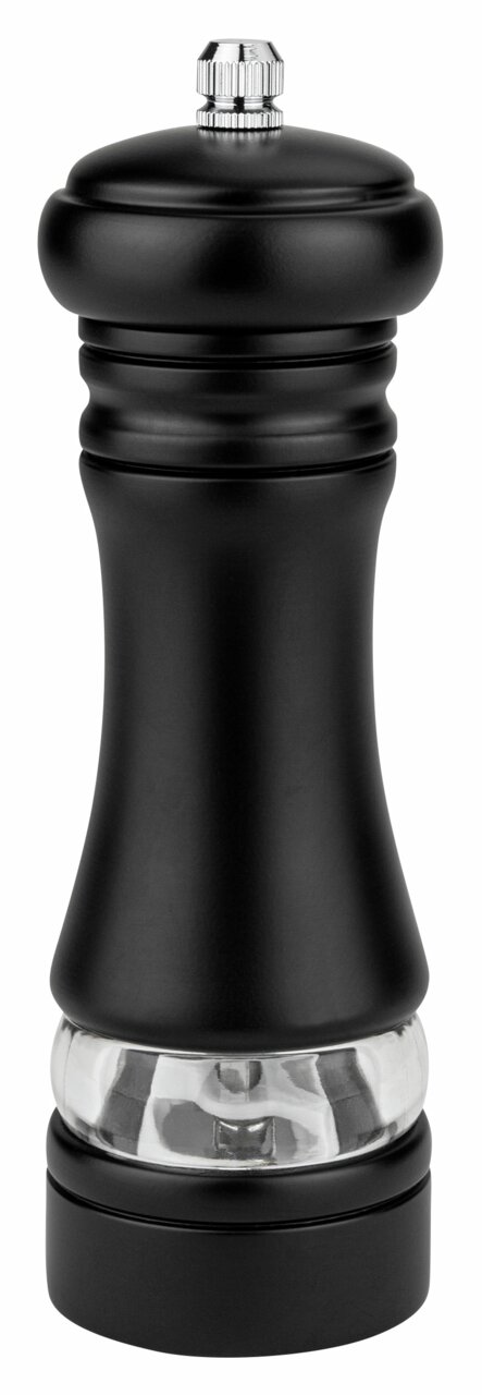 Schwarze Pfeffer-Salzmühle, 17 cm hoch, aus seitlicher Perspektive fotografiert.