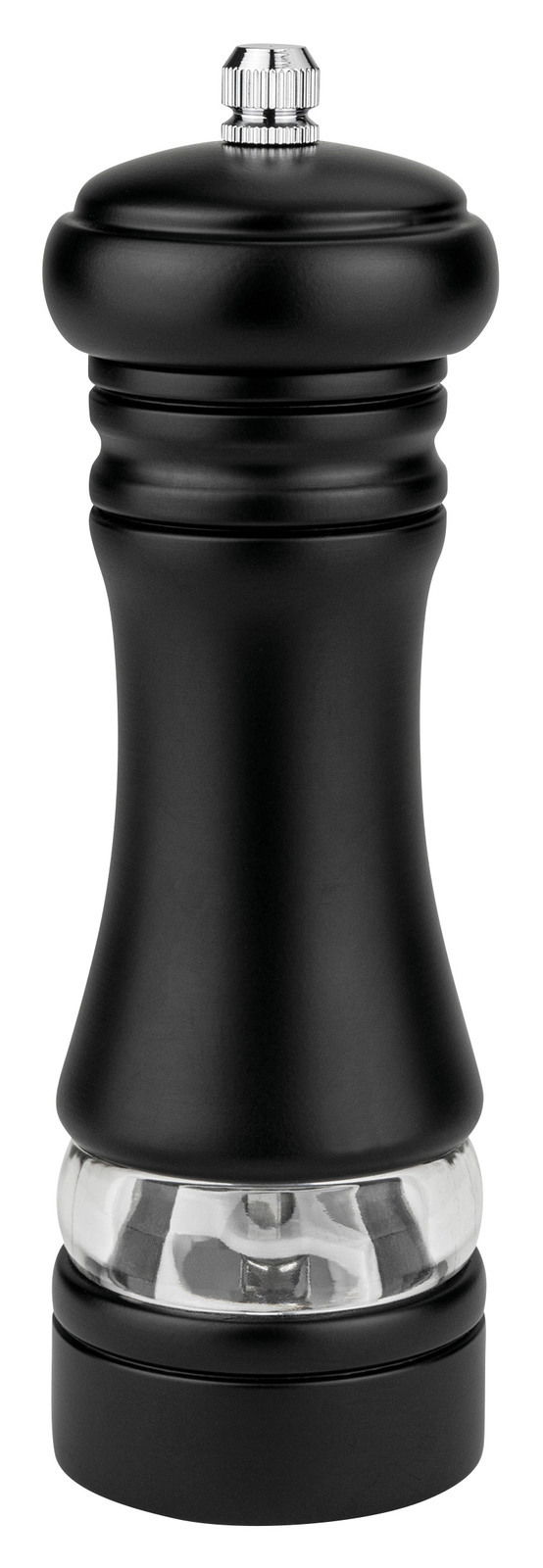 Schwarze Pfeffer-Salzmühle, 17 cm hoch, aus seitlicher Perspektive fotografiert.