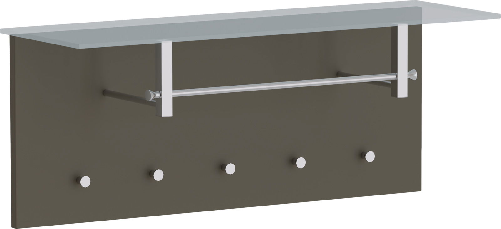 Garderobenpaneel quer mit Glasablage und fünf Haken, seitliche Perspektive