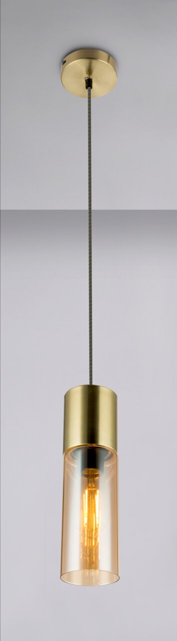 Hängeleuchte mit goldener Fassung und transparentem Glas, seitliche Perspektive