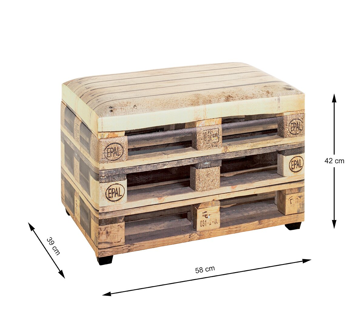 Kompakter Hocker/Sitzwürfel im Euro-Paletten-Look aus Holzoptik mit gepolsterter Sitzfläche, Maße ca. 58 x 39 x 42 cm, freigestellt in schräger Vorderansicht (3/4-Perspektive)