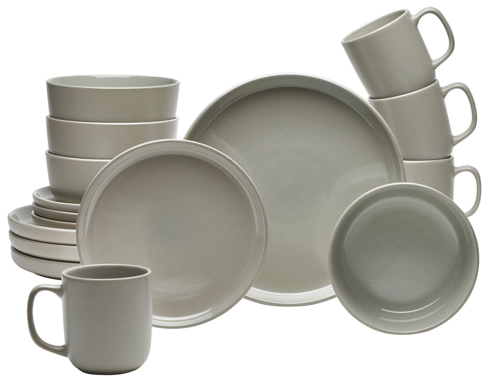 Kombiservice 16-tlg. Linz in neutralem Grau, bestehend aus Tellern, Schalen und Tassen, frontal präsentiert.