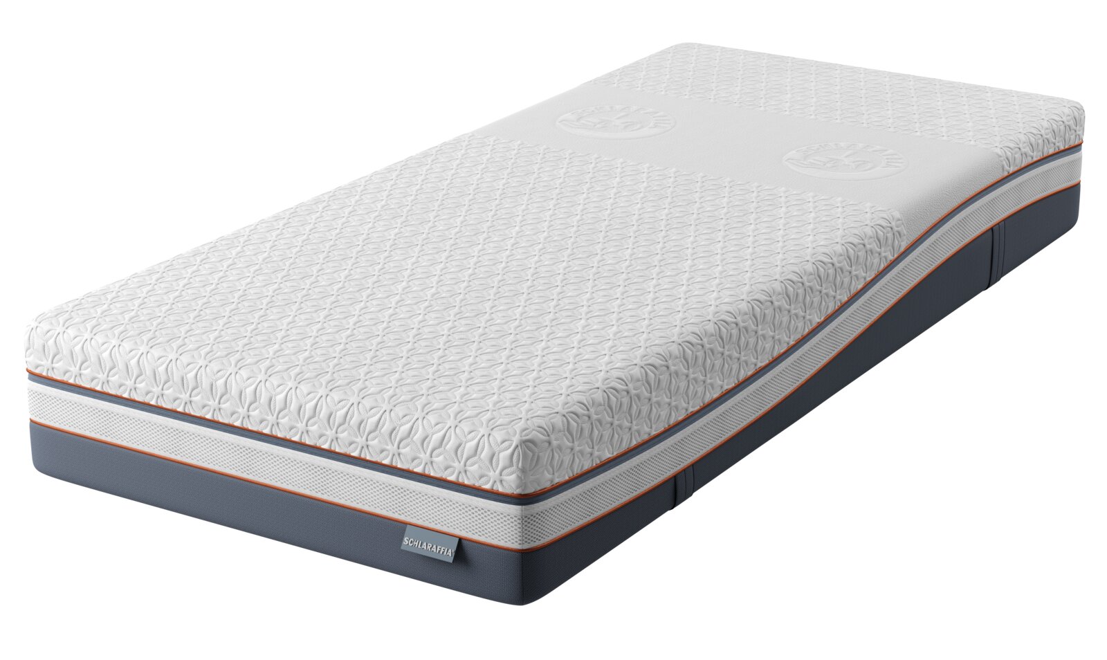 Wit ergonomisch matras met reliëfstructuur, donkergrijze zijkanten en oranje biezen, schuin van boven en vanaf de voorzijde weergegeven.