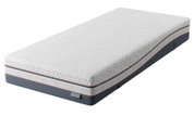Wit ergonomisch matras met reliëfstructuur, donkergrijze zijkanten en oranje biezen, schuin van boven en vanaf de voorzijde weergegeven.