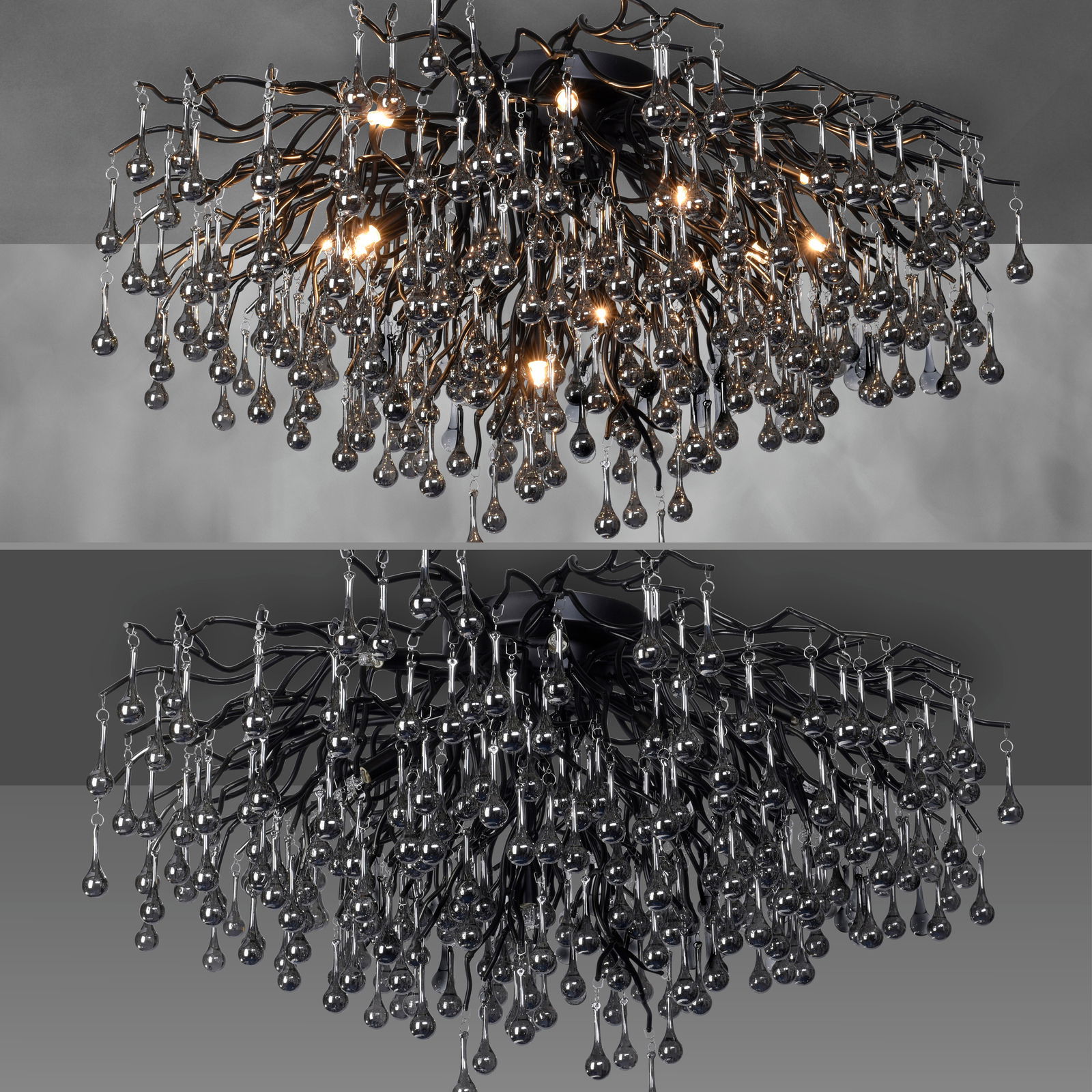 Deckenleuchte ICICLE mit hängenden, tropfenförmigen Kristallen, von unten betrachtet.