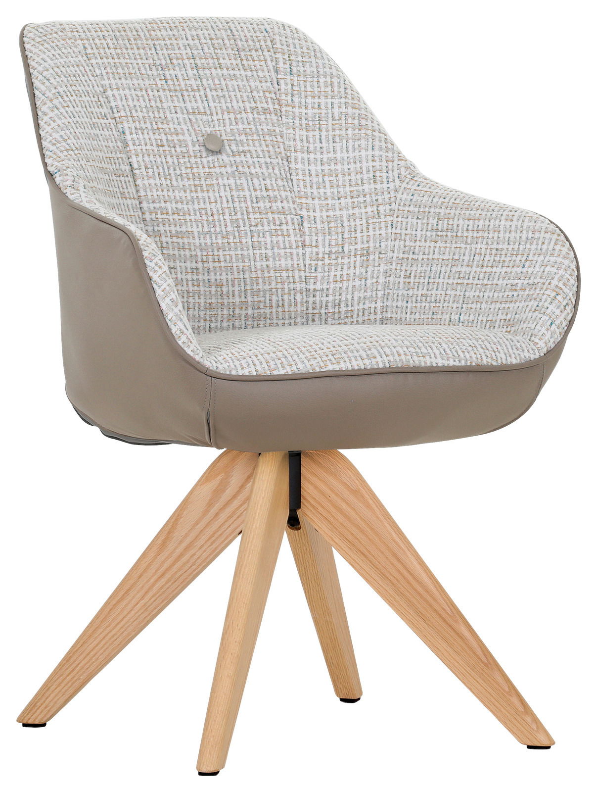 Moderner Armlehnstuhl mit gemustertem Stoffbezug und hellen Holzbeinen, seitliche Perspektive