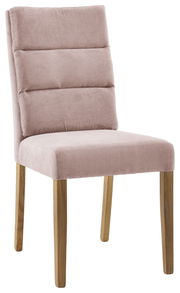 Rosa gepolsterter Stuhl mit Holzbeinen, seitliche Perspektive