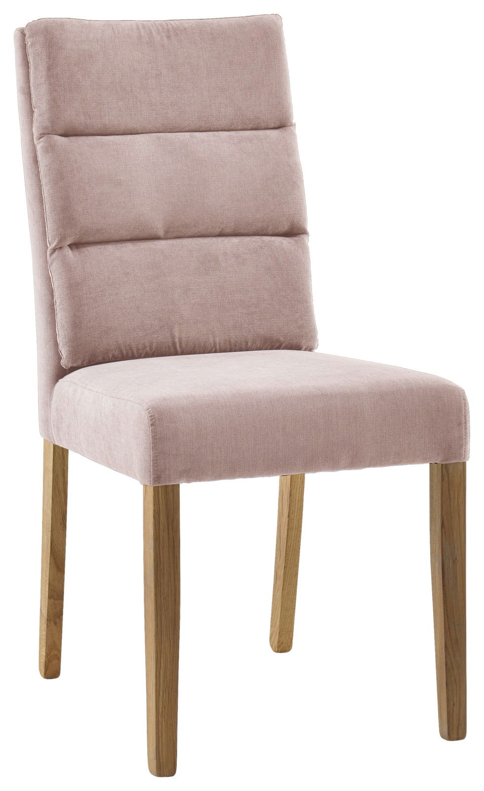 Rosa gepolsterter Stuhl mit Holzbeinen, seitliche Perspektive