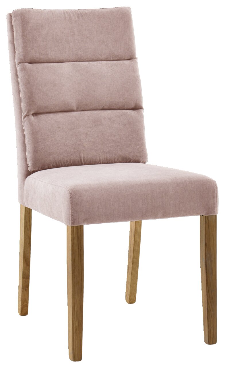 Rosa gepolsterter Stuhl mit Holzbeinen, seitliche Perspektive