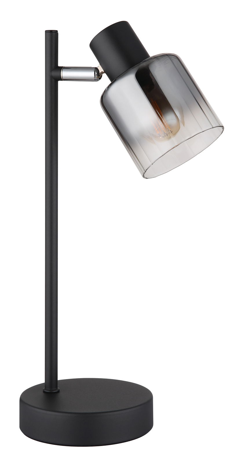 Moderne Tischleuchte mit schwarzem Metallgestell und rauchgrauem Glasschirm, seitliche Perspektive