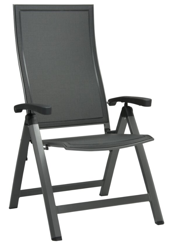 Moderner Klappsessel in dunklem Grau, seitliche Perspektive