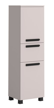 Moderner Midischrank in hellem Beige mit drei schwarzen Griffen, seitliche Perspektive