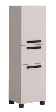 Moderner Midischrank in hellem Beige mit drei schwarzen Griffen, seitliche Perspektive