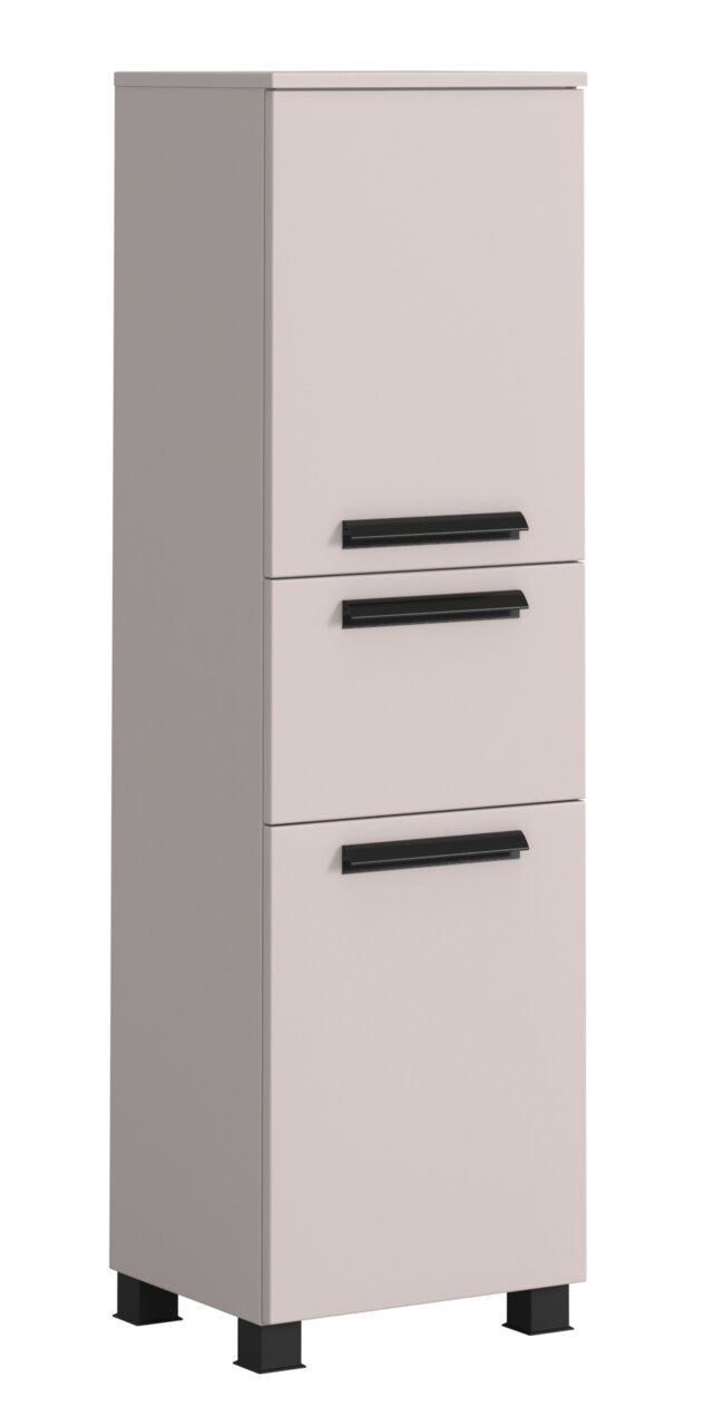 Moderner Midischrank in hellem Beige mit drei schwarzen Griffen, seitliche Perspektive