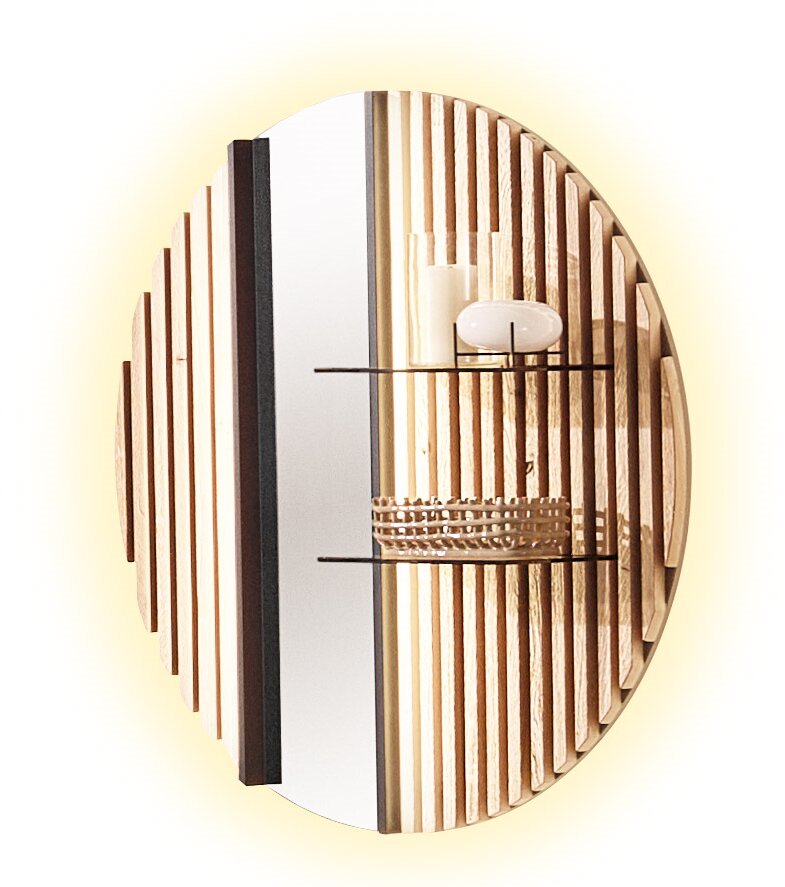 Rond hangpaneel met verticale houten latten en een glazen plank aan de linkerkant, zijaanzicht.