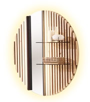 Rond hangpaneel met verticale houten latten en een glazen plank aan de linkerkant, zijaanzicht.